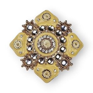 Vintage Cream Enamel Flower Brooch Mirrored Lucite Cabochon Gold Plated Floral